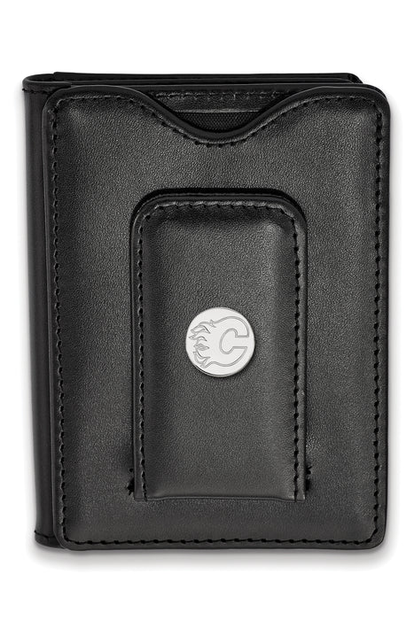 Sterling Silver Rh-plated NHL LogoArt Calgary Flames Black Leather Wallet