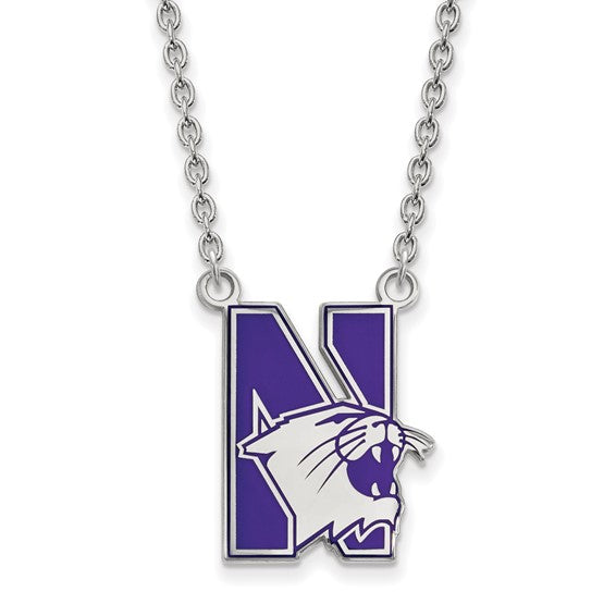 SS Northwestern U Large Enameled Pendant 18 inch Necklace