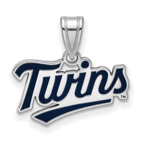 The SS MLB Minnesota Twins T-C Small Enameled Pendant is sterling silver, featuring "Twins" in cursive with navy blue outlines. It's inspired by the Minnesota Twins and includes a top loop for easy chain attachment.