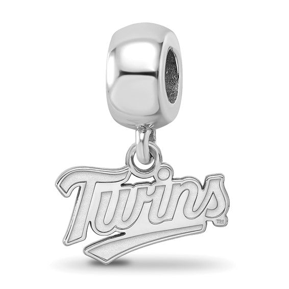 The SS MLB Minnesota Twins T-C XS Dangle Bead features a sterling silver charm with "Twins" in cursive, elegantly hanging from a smooth, shiny loop.