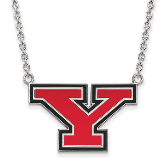 The Sterling Silver Rhodium-plated LogoArt Youngstown State University Letter Y Large Enameled Pendant 18-inch Necklace features a bold "Y"-shaped pendant with a predominantly red design accented by black borders, creating a striking and vibrant appearance.