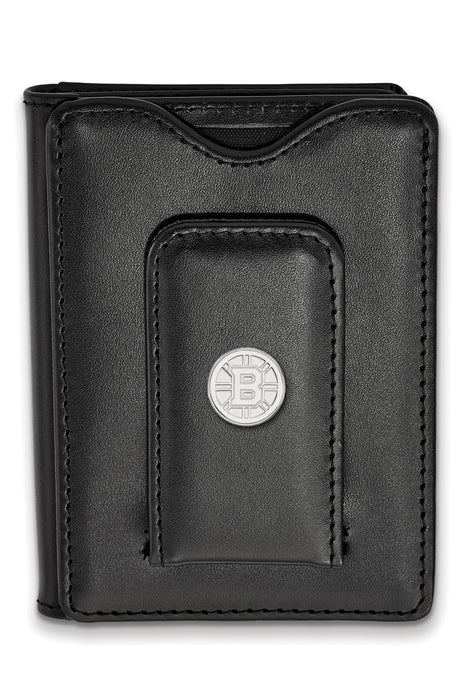 SS Rh-p NHL LogoArt Boston Bruins Black Leather Money Clip Wallet