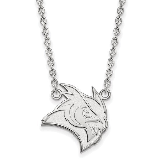 Introducing the SS Rice University Large Owls Pendant w/Necklace — a sterling silver necklace featuring a pendant shaped like the head of an owl with stylized, angular lines. The detailed design includes feathers and a sharp beak, all attached to a silver chain with small, uniform links.