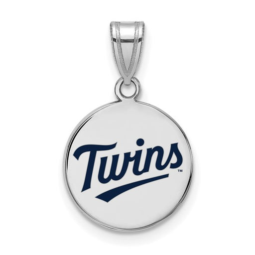 The SS MLB Minnesota Twins T-C Medium Enameled Disc Pendant features "Twins" in dark blue script on a shiny round sterling silver piece, complete with a silver bail for any fan's chain.