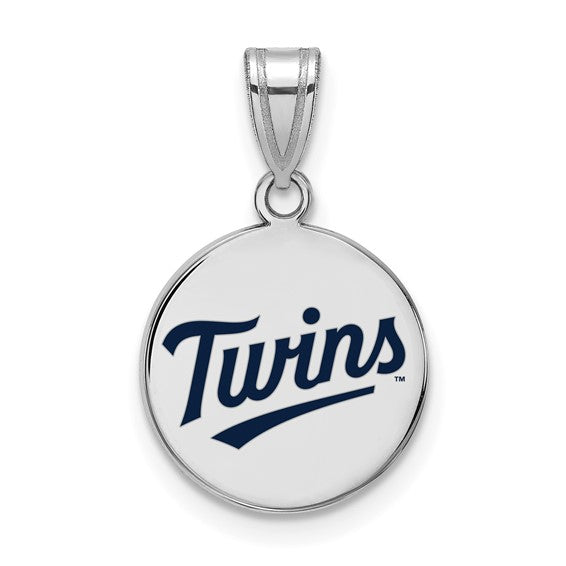 The SS MLB Minnesota Twins T-C Medium Enameled Disc Pendant features "Twins" in dark blue script on a shiny round sterling silver piece, complete with a silver bail for any fan's chain.