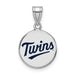 The SS MLB Minnesota Twins T-C Medium Enameled Disc Pendant features "Twins" in dark blue script on a shiny round sterling silver piece, complete with a silver bail for any fan's chain.