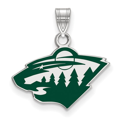 Show off your team pride with the SS NHL Minnesota Wild Small Enameled Pendant, meticulously crafted in sterling silver. Featuring the iconic Minnesota Wild logo, this pendant displays a vibrant green animal head accented with detailed trees, a river, a shooting star, and a sunset within its unique silhouette.