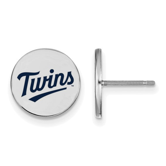 Sterling silver stud earrings with "Twins" in blue on a white enamel background. Depicted are one front view and one side view of these SS MLB Minnesota Twins T-C Small Enameled Disc Post Earrings.