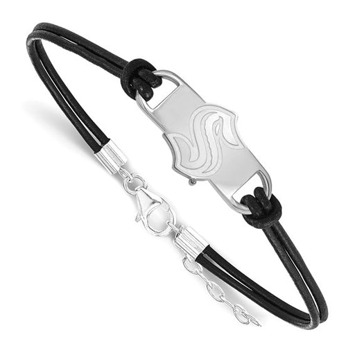 Sterling Silver Rhod-pltd NHL LogoArt Seattle Kraken Leather Bracelet