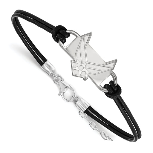 Sterling Silver Rhodium-plated LogoArt U.S. Air Force Small Center Black Leather 7 inch Bracelet with Extender