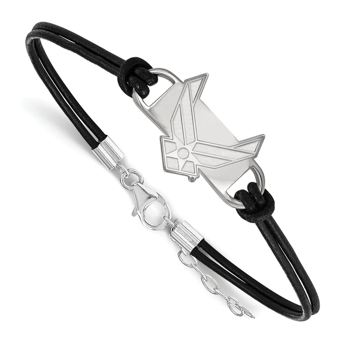 Sterling Silver Rhodium-plated LogoArt U.S. Air Force Small Center Black Leather 7 inch Bracelet with Extender