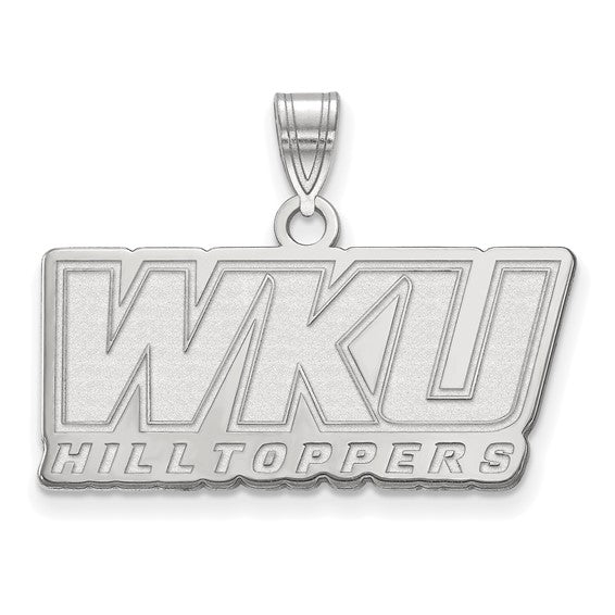 Show your school pride with the SS Western Kentucky University Large WKU Pendant, featuring "WKU" above "HILLTOPPERS" in bold capitals. The sterling silver rectangle has a top loop for easy chain attachment—perfect for WKU fans.
