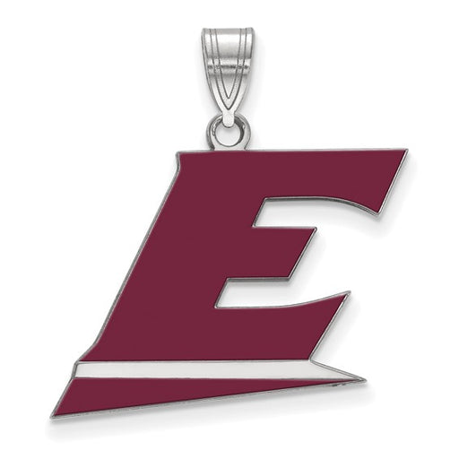 The Sterling Silver Eastern Kentucky Letter E Large Enameled Pendant features a stylized maroon "E" with a white diagonal stripe, making it a bold university accessory by LogoArt.