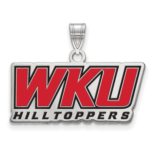 The SS Western Kentucky University Large Enamel Pendant showcases bold red "WKU" letters with black outlines above "HILLTOPPERS" and features a top loop for easy attachment to your chain.