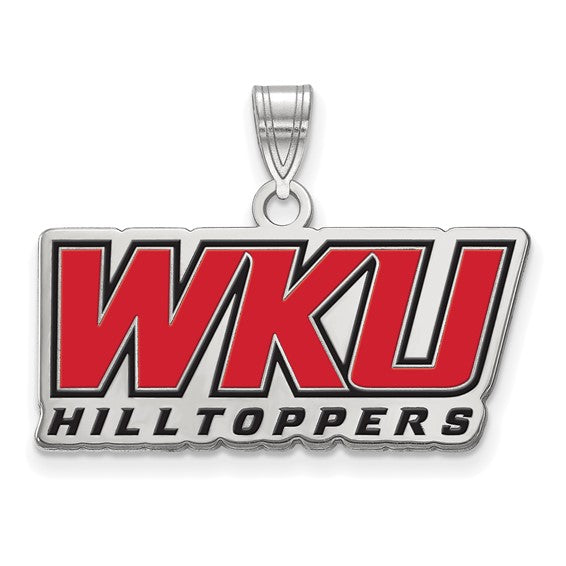 The SS Western Kentucky University Large Enamel Pendant showcases bold red "WKU" letters with black outlines above "HILLTOPPERS" and features a top loop for easy attachment to your chain.