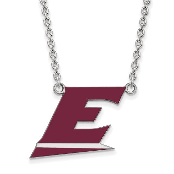 Necklace with a maroon 'E' pendant on a white background