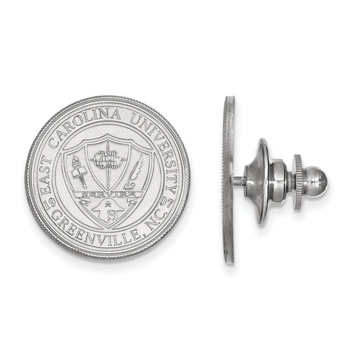 The Sterling Silver East Carolina Crest Lapel Pin showcases the university seal and "EAST CAROLINA UNIVERSITY GREENVILLE, N.C." text, and comes with a pin backing.