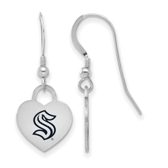 Sterling Silver Rhod-pl NHL LogoArt Seattle Kraken Enamel Heart Dangle Earrings