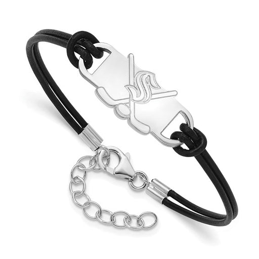 Sterling Silver Rhod-pl NHL LogoArt Seattle Kraken Hockey Stick Leather Bracelet