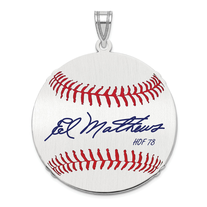 Sterling Silver Rhodium plated Eddie Mathews Hall of Fame Signature Large Epoxy Baseball Pendant