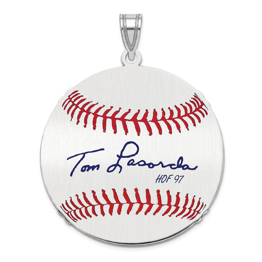 Sterling Silver Rhodium plated Tom Lasorda Hall of Fame Signature Large Epoxy Baseball Pendant