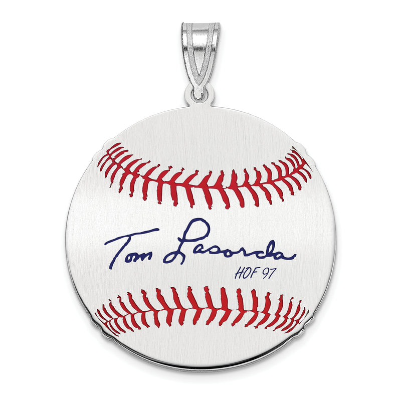 Sterling Silver Rhodium plated Tom Lasorda Hall of Fame Signature Medium Epoxy Baseball Pendant