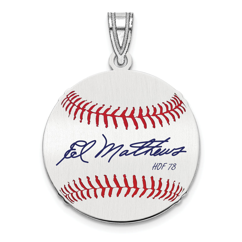Sterling Silver Rhodium plated Eddie Mathews Hall of Fame Signature Small Epoxy Baseball Pendant