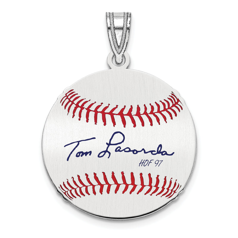 Sterling Silver Rhodium plated Tom Lasorda Hall of Fame Signature Small Epoxy Baseball Pendant
