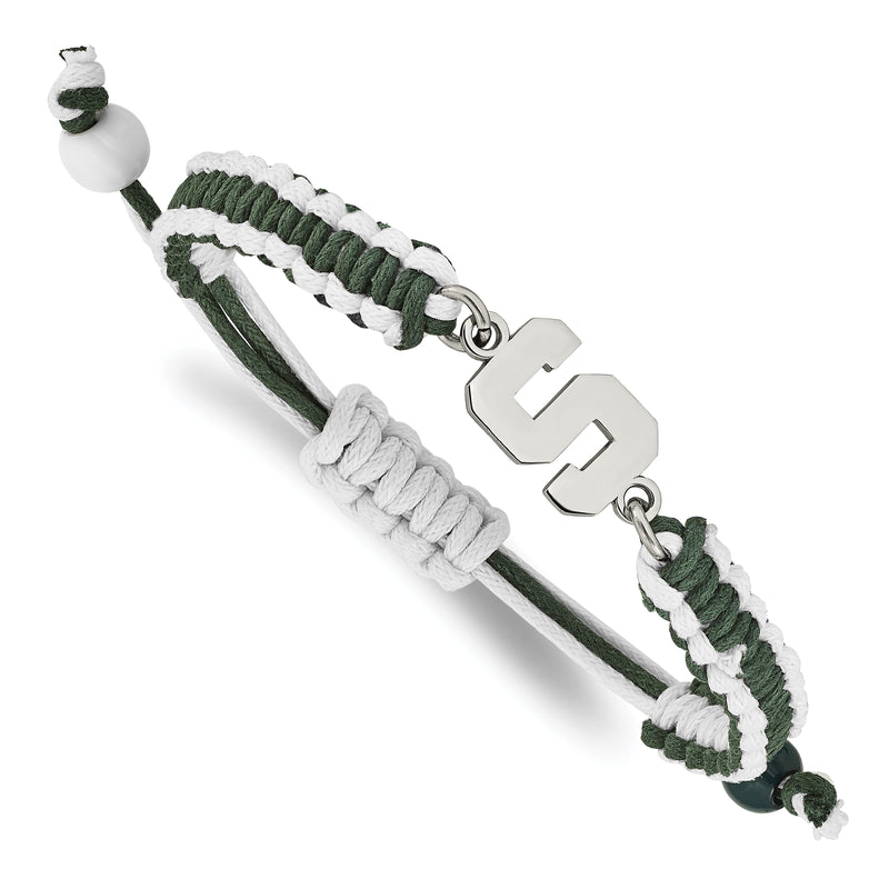 Stainless Steel LogoArt Michigan State University Letter S Adjustable Cord Bracelet