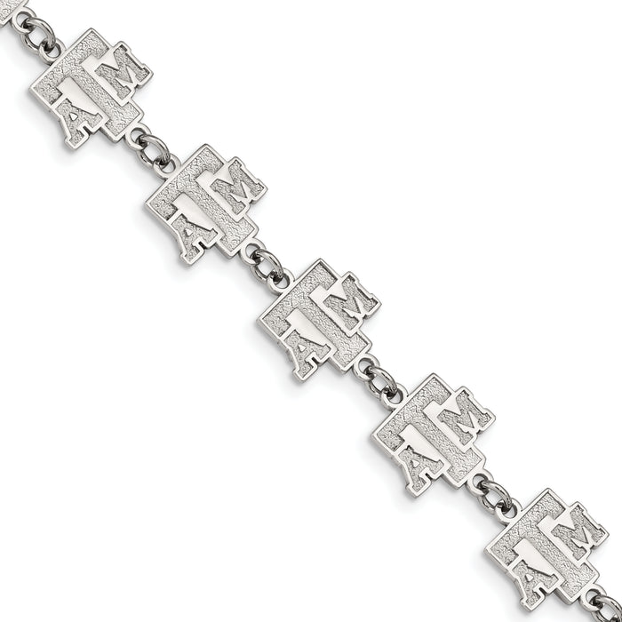 Stainless Steel LogoArt Texas A and M University T-A-M Link 6.75 inch Bracelet with 1.5 inch Extender