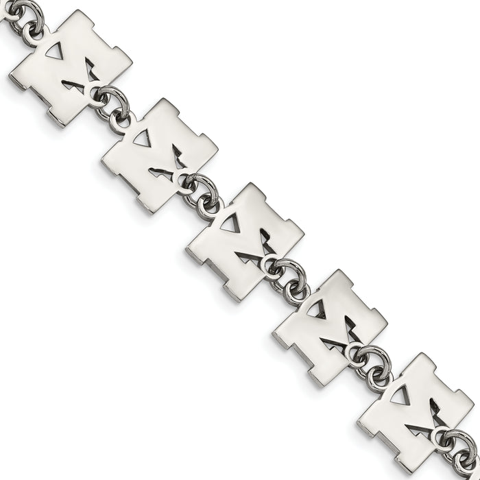Stainless Steel LogoArt University of Michigan Letter M Link 6.5 inch Bracelet with 1.5 inch Extender
