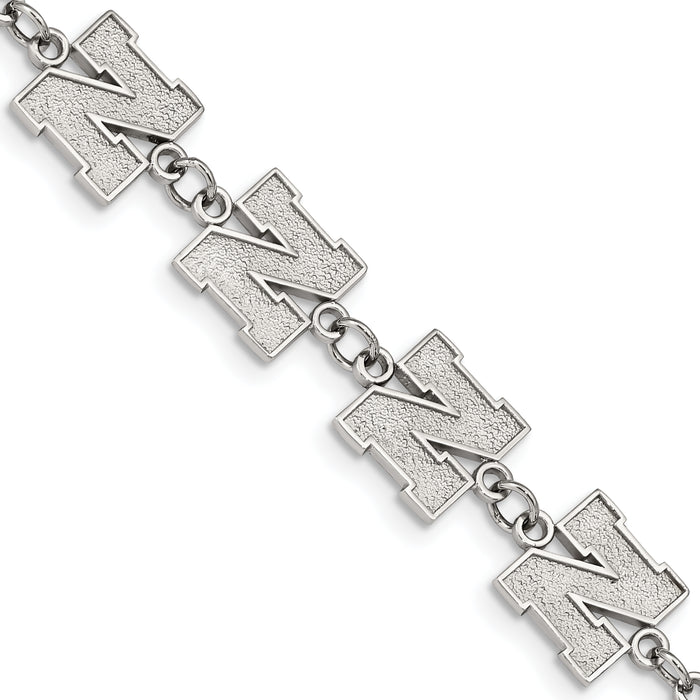 Stainless Steel LogoArt University of Nebraska Letter N Link 6.5 inch Bracelet with 1.5 inch Extender