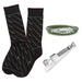 The Luke Skywalker Lightsaber Gift Set, authorized by Lucasfilm LTD, includes a pair of black socks with a green lightsaber design, an olive green braided bracelet with a metallic clasp, and a keychain shaped like Luke Skywalker's lightsaber. This collection is neatly arranged on a plain white background.