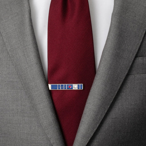 R2D2 Stone Tie Bar pictured on a mens suit and tie.