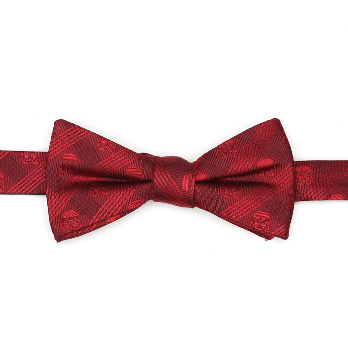 Introducing the Stormtrooper Red Men's Bow Tie – a sophisticated red silk accessory adorned with a subtle pattern of small skulls and stripes. The fabric boasts a slight sheen, enhancing its polished and formal look. This elegant piece is showcased against a simple white backdrop.