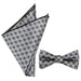 The Darth Vader Gray Bow Tie and Pocket Square Gift Set includes a gray pre-tied bow tie and a matching triangle-folded pocket square, adorned with black Darth Vader helmet patterns. Both items feature visible black hems and are crafted from fabric with a subtle striped texture.