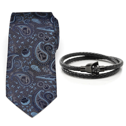 The Darth Vader Favorites Gift Set includes a navy blue tie with a paisley pattern in shades of blue and gray, paired with a black braided leather bracelet featuring a black metal clasp shaped like Darth Vader.