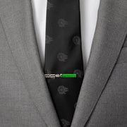 Yoda Lightsaber Tie Clip pictured on a mens suit and tie.