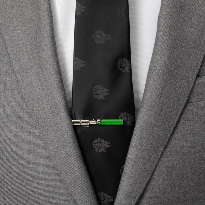 Yoda Lightsaber Tie Clip pictured on a mens suit and tie.