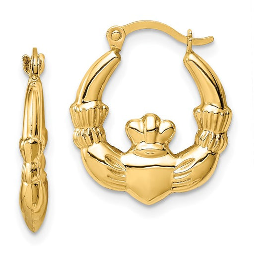 14k Claddagh Hoop Earrings featuring a detailed heart, crown, and hands design, shown from both front and side angles against a white background.