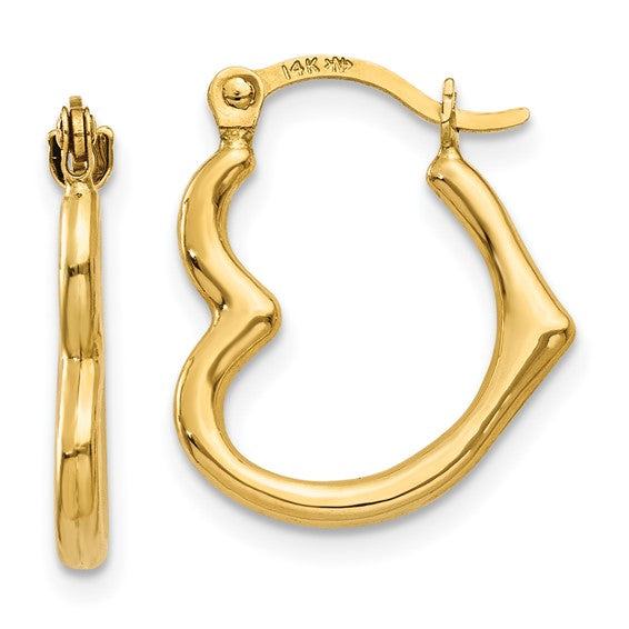 Two views of 14K Heart Shaped Hollow Hoop Earrings: one shown from the front highlighting its latch closure, and the other from the side. Both have a unique hollow heart design and are marked 14K.