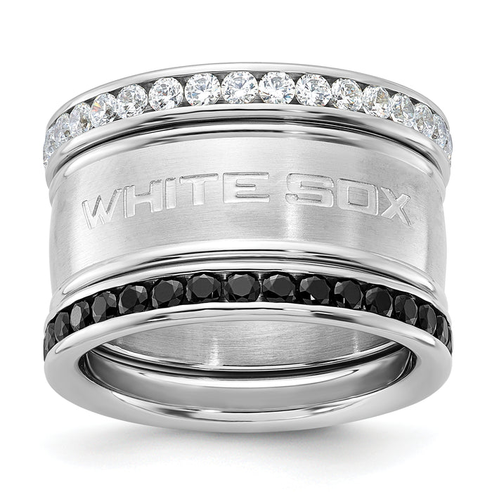 Stainless Steel MLB Chicago White Sox Crystal Stacked Triple Ring Set