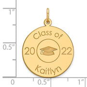 Class Of Graduation Personalized Gold Pendant With Cap. The pendant is shown on a ruled background.