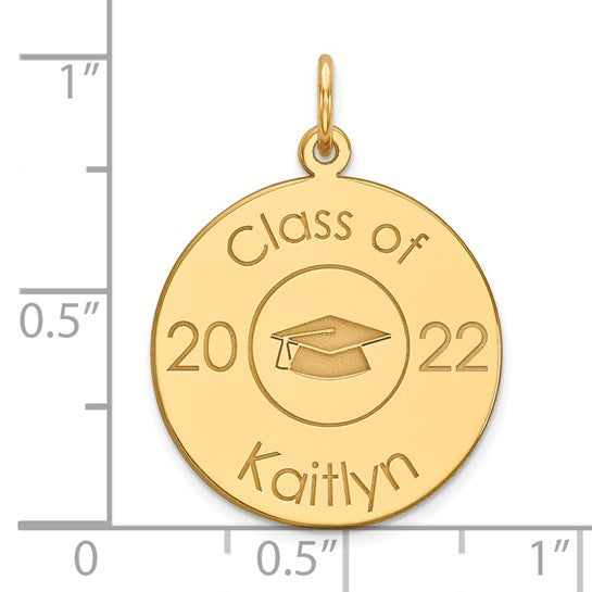 Class Of Graduation Personalized Gold Pendant With Cap. The pendant is shown on a ruled background.