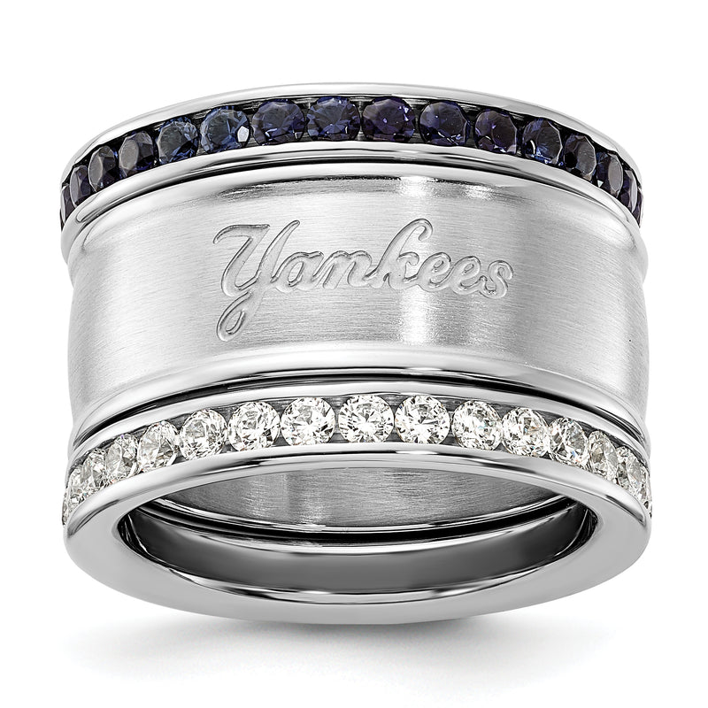 Stainless Steel MLB New York Yankees Blue & Clear Crystal Triple Ring Set