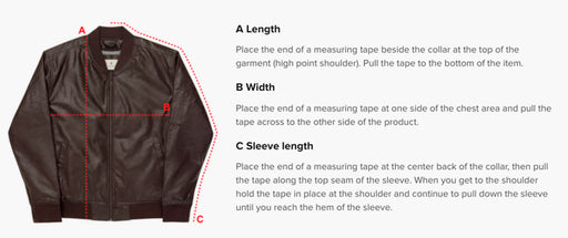 An image of an 1st Marine Division Bomber Jacket with instructions on how to measure for a proper fit. The steps include measuring the length (A), width (B), and sleeve length (C).