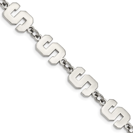 Stainless Steel LogoArt Michigan State University Letter S Links 7 inch Bracelet with 1.5 inch Extender