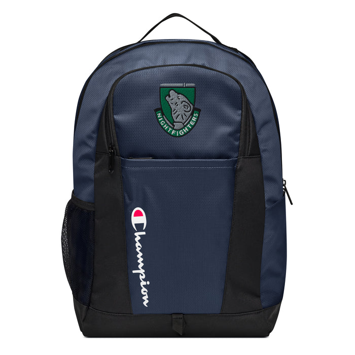 The 104th Infantry Division Champion Backpack in dark blue and black showcases a "Champion" logo, a mesh side pocket, a top handle and a 104th Infantry Division logo on the front. Crafted from water-resistant material, this sports backpack is ideal for all-weather use.