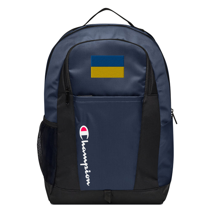 The Ukrainian Flag Champion Backpack in dark blue and black showcases a "Champion" logo, a mesh side pocket, a top handle and a Ukrainian Flag logo on the front. Crafted from water-resistant material, this sports backpack is ideal for all-weather use.