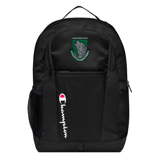 The 104th Infantry Division Champion Backpack in black showcases a "Champion" logo, a mesh side pocket, a top handle and a 104th Infantry Division logo on the front. Crafted from water-resistant material, this sports backpack is ideal for all-weather use.